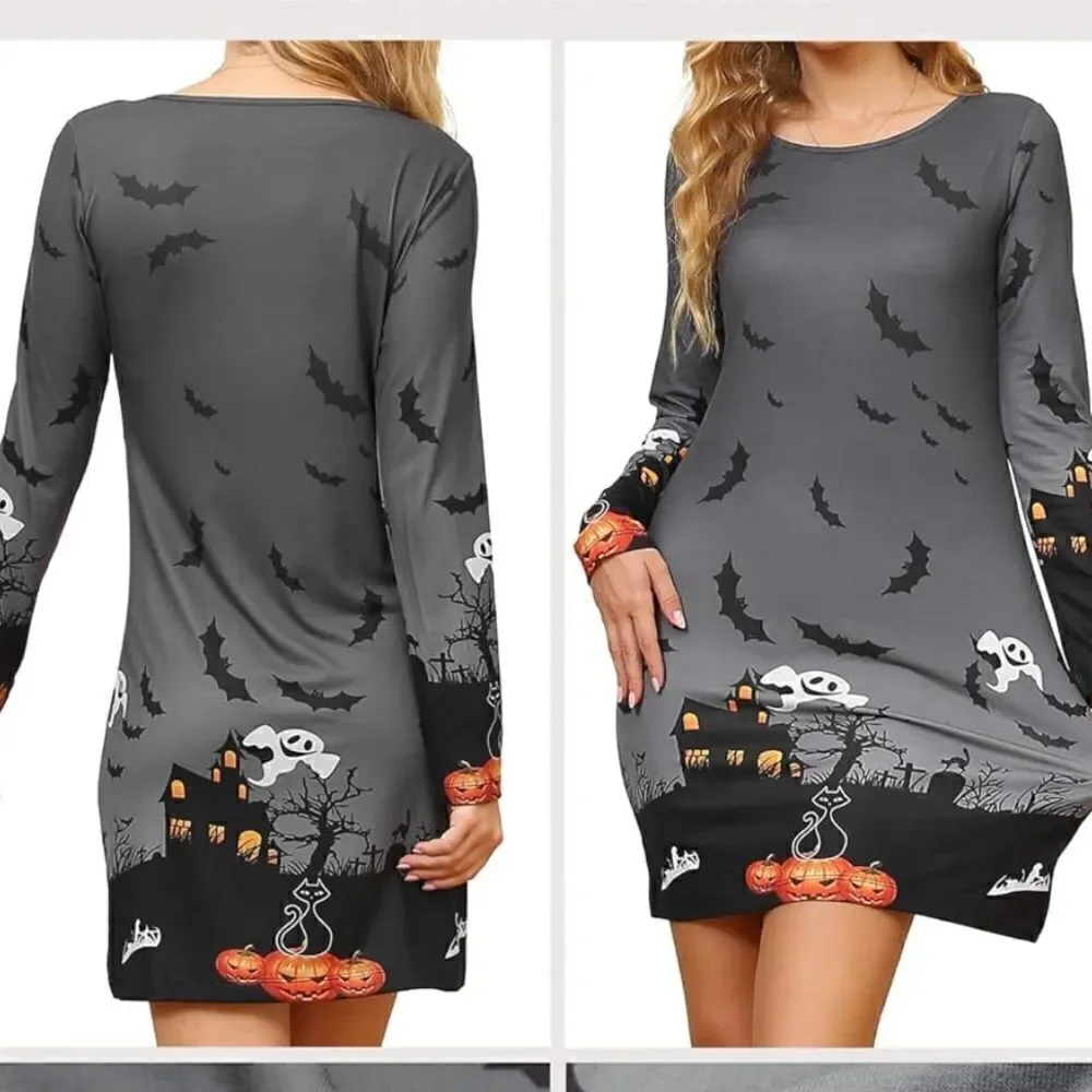 NWT Women’s Gray Long Sleeve Halloween Bats Dress - Size XXL - Runs Small